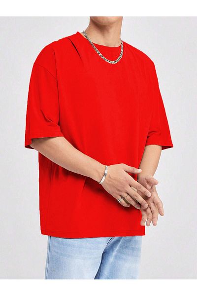 DUBU BUTİK Basic Single Jersey T-Shirt - Red Oversize Crew Neck T-Shirt