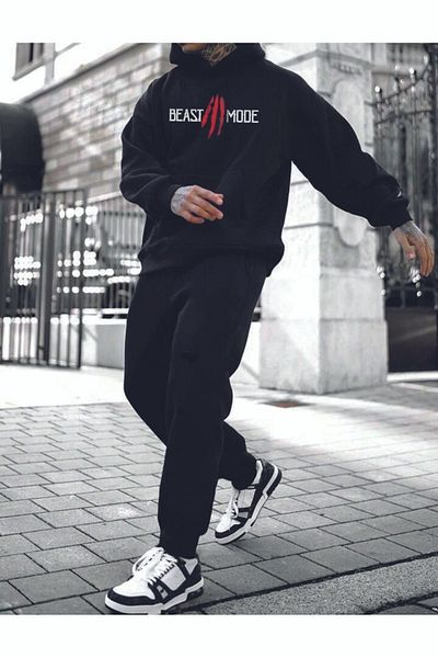 Sweetline Beast Mode Tracksuit Set Sweatshirt Jogger - Black Printed Oversize Hooded