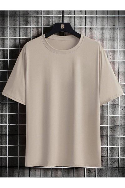 DUBU BUTİK Double Face Teddy Bear Single Jersey T-Shirt - Beige Printed Oversize Crew Neck T-Shirt