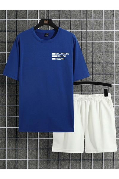 Sweetline Still Follow T-Shirt Shorts - Sax Blue White Bottom Top Team Shorts T-Shirt Combo Printed Crew Neck