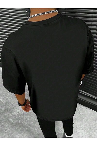 DUBU BUTİK Paris Line Single Jersey T-Shirt - Black Printed Oversize Crew Neck T-Shirt