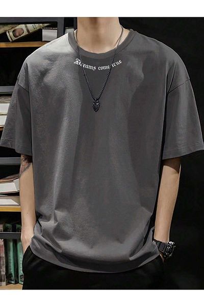 DUBU BUTİK Dreams Collar Detail Single Jersey T-Shirt - Smoked Printed Oversize Crew Neck T-Shirt