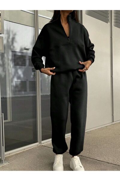 Sweetline Μαύρο Oversize Φούτερ και Σετ Φούτερ Jogger - Μασίφ φερμουάρ, Ζυγισ...