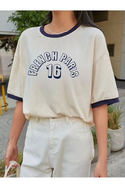 DUBU BUTİK Μπλουζάκι French Paris Piece Single Jersey - Μπεζ Navy Blue Oversize Crew Neck κοντομάνικο T-shirt