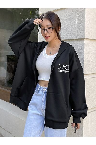 Sweetline Favorite Zippered Cardigan Sweatshirt - Black Printed Oversize Winter Thick Hoodie