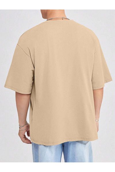 DUBU BUTİK Basic Single Jersey T-Shirt - Beige Oversize Crew Neck T-Shirt