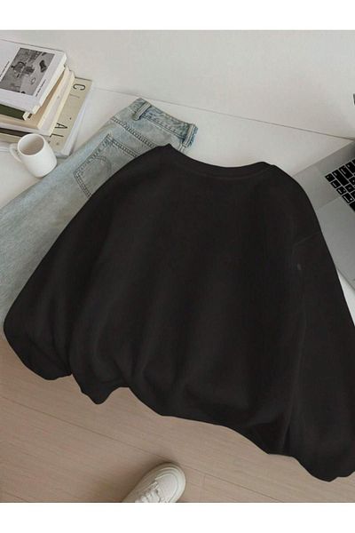 VBSVİBES Hanorac negru cu gât crew cu panglică cu imprimeu leopard - Iarnă groasă unisex supradimensionată