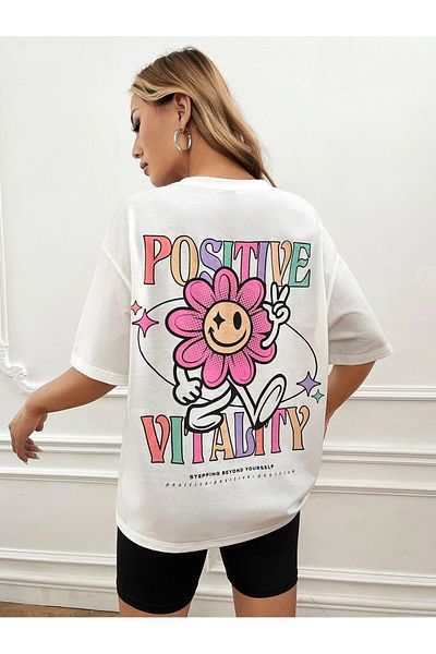 DUBU BUTİK Positive Flower Single Jersey T-Shirt - White Printed Oversize Crew Neck T-Shirt