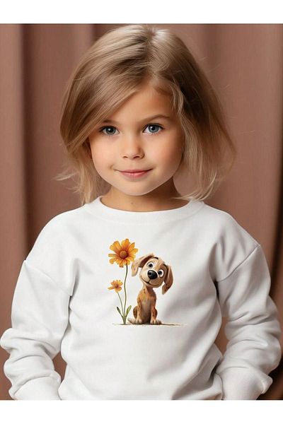 Sweetline Hanorac pentru copii din bumbac Sweet Dog - Gât crestat de iarnă pentru fete și băieți cu imprimeu alb