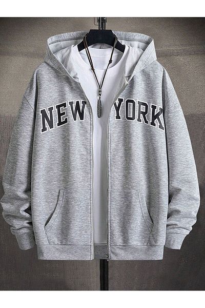 VBSVİBES New York Zippered Cardigan Sweatshirt - Gray Printed Oversize Winter Thick Hoodie