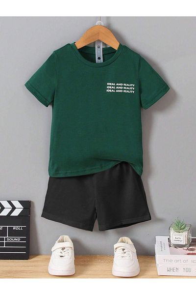 Sweetline Set pentru copii din bumbac ideal, pantaloni scurți - Nefti, imprimeu negru, fete, băieți, vară, decolteu