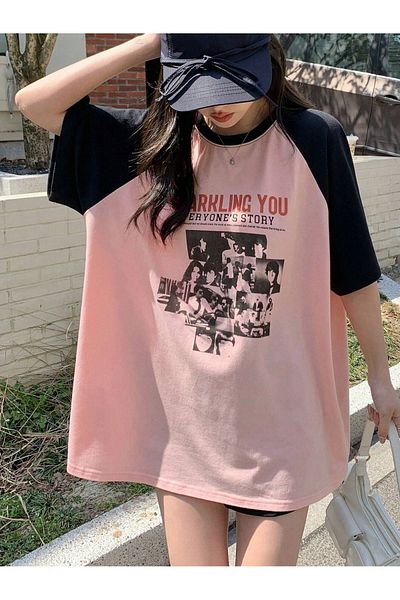 DUBU BUTİK Sparkling You Single Jersey T-Shirt - Navy Blue Printed Oversize Crew Neck Raglan Sleeve T-Shirt