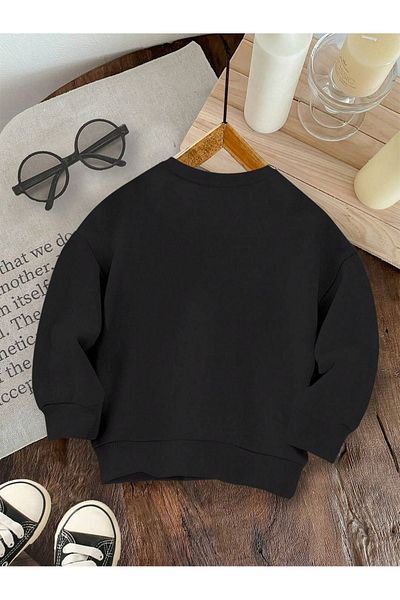 VBSVİBES Daisy Printed Cotton Kids Sweatshirt - Black Printed Girls Boys Winter Crew Neck