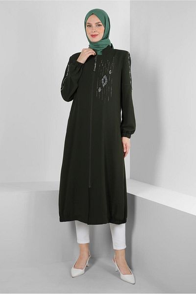 Alvina STONE EMBROIDERED POCKET ZIPPERED TRENCH COAT 10756