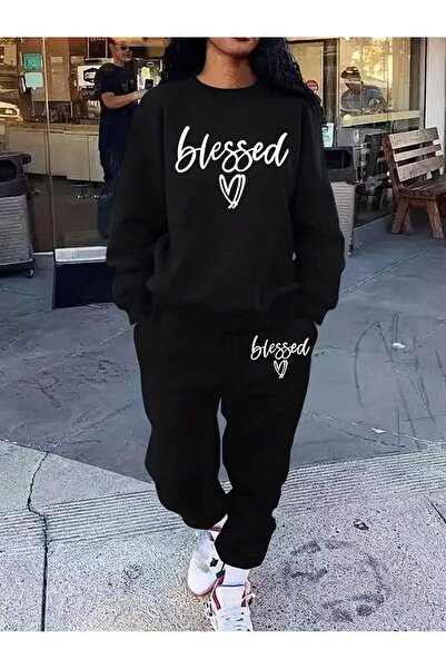 Mythologie Φούτερ Blessed Heart Sweatshirt Jogger - Μαύρο σετ φούτερ με στάμπα με λαιμόκοψη