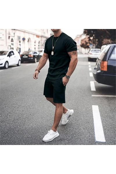 Mythologie Basic Plain T-shirt Shorts - black T-Shirt with Shorts Top and Bottom Set Oversize Crew Neck