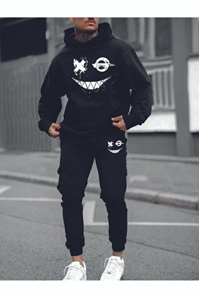 Mythologie Face Patterned Sweatshirt Sweatpants Jogger - Black Printed Bottom Top Tracksuit Set Hooded