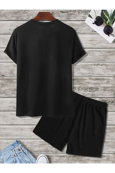Mythologie Kung Fu Bear T-shirt Shorts - Black T-Shirt with Shorts Top and Bottom Set Printed Oversize Crew Neck