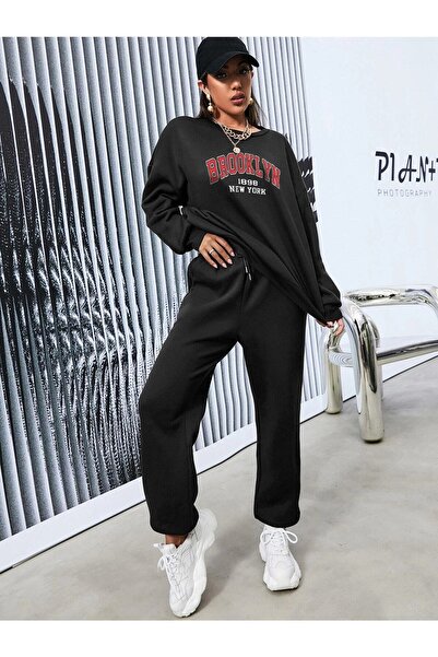 Mythologie Women's Black Brooklyn 1898 Bottom Top Tracksuit Set Oversize Crew Neck