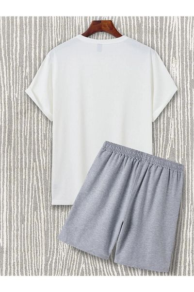 Mythologie Slow Down White T-shirt Gray Shorts - T-Shirt with Shorts Top and Bottom Set Printed Oversize Crew Neck