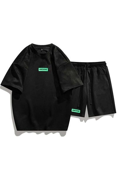 Mythologie Awesome T-shirt Shorts - Black T-Shirt with Shorts Top and Bottom Set Printed Oversize Crew Neck