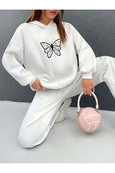 SeusCraft Kelebek Gül Sweatshirt Eşofman Altı Jogger - Beyaz Baskılı Eşofman ...