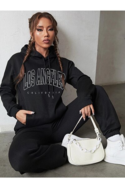 Mythologie Women's Black Los Angeles Bottom Top Tracksuit Set Oversize Hooded