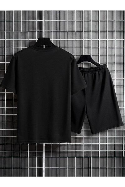 Mythologie King Crown T-shirt Shorts - Black T-Shirt with Shorts Top and Bottom Set Printed Oversize Crew Neck
