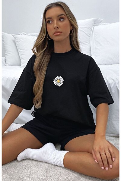 Trendglow Σορτς μπλουζάκι Daisy Pattern - Λευκό μαύρο T-Shirt με σορτς επάνω και κάτω σετ με στάμπα Oversize Crew Neck