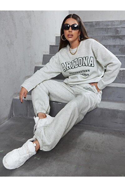 Mythologie Women's Gray Arizona Bottom Top Tracksuit Set Oversize Crew Neck