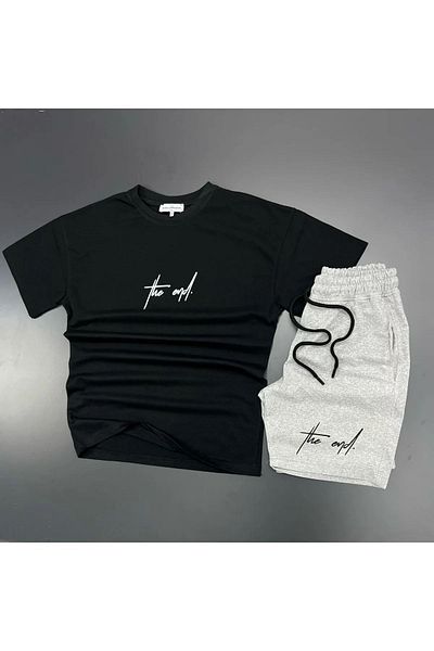 Mythologie The End Black T-shirt Gray Combed Cotton Shorts - Shorts T-Shirt Bottom Top Set Printed Oversize Crew Neck