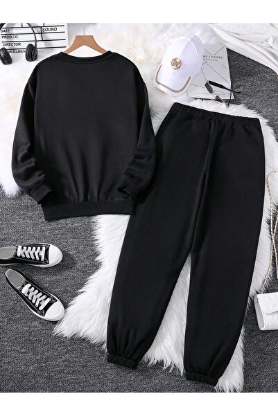 Mythologie Heart Patterned Combination Bottom-Top Tracksuit Set - Black Printed Oversize Elastic Leg Cuffs Crew Neck