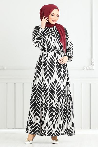 ModaMerve Φόρεμα Hijab με σχέδιο φύλλων 827OZR1047-M Μαύρο