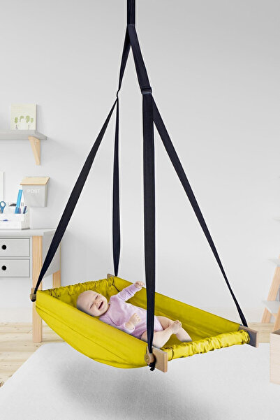 Bundera Flow Sarı Ahşap Yaylı Zıpzıp Hamak Beşik Hoppala Tavana Asılan Hamak Salıncak Bebek Yatağı