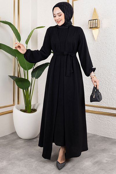 ModaMerve Σετ φόρεμα Abaya με ζώνη 0336BGS895-M Μαύρο