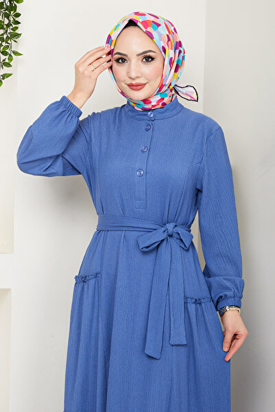 ModaMerve Yarım Düğmeli Bürümcük Elbise 402DVL897-M İndigo