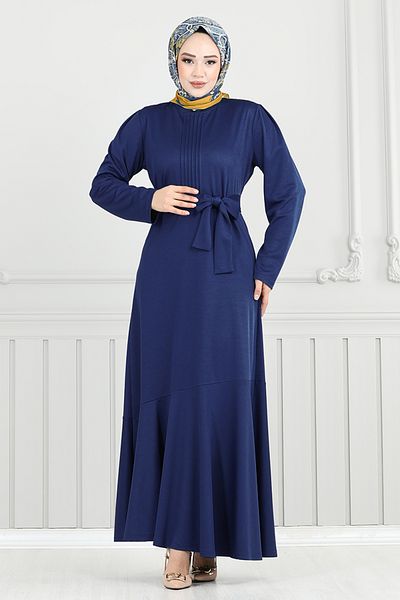ModaMerve Φόρεμα με λεπτομέρεια Nervür με ζώνη 4054PM1063-M Navy