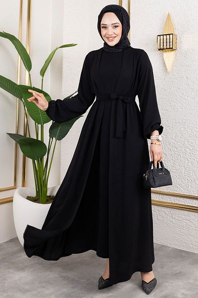 ModaMerve Σετ φόρεμα Abaya με ζώνη 0336BGS895-M Μαύρο