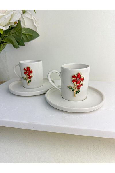 WERONY Red Rose Figured 2 Pieces Coffee Cup Set 4 Pieces