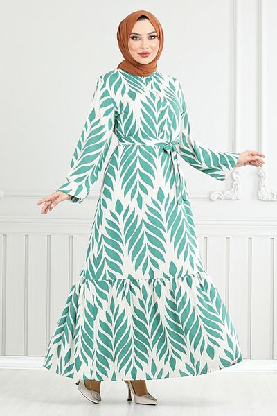 ModaMerve Φόρεμα Hijab με μοτίβο φύλλων 827OZR1047-M Mint