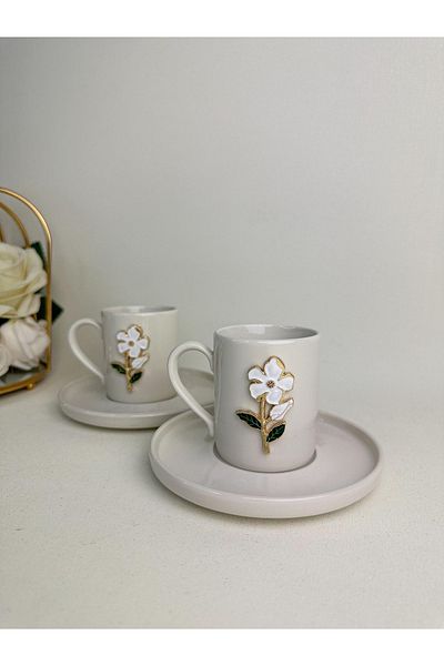 WERONY White Rose Figured 2 Pieces Coffee Cup, 4 Pieces