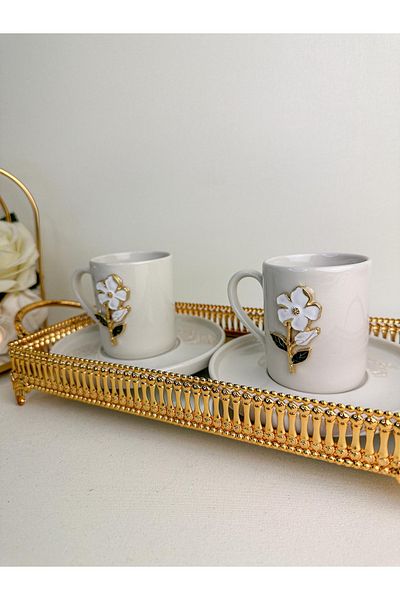 WERONY White Rose Figured 2 Pieces Coffee Cup, 4 Pieces