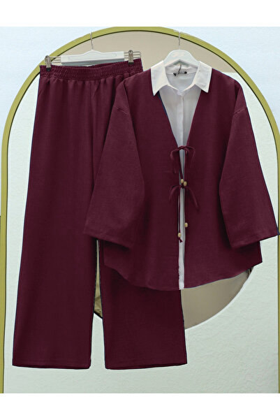 Modamorfo Set kimono cu legături duble în față și pantaloni - visiniu