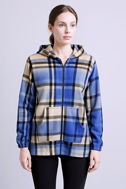 DHDmoda Mavi Kapitoneli Kapüşonlu Kanguru Cepli Fermuarlı Polar Ceket