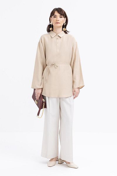 ALLDAY Beige-Half-Patented Tunic with Tie Waist