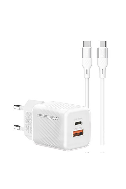 RC83ECC GaN Teknolojili Hızlı Şarj Başlığı USB-A to Type-C PD 35W Kablolu Şarj Seti Beyaz Beyaz