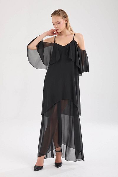 By Yaren Yazıcı Black Asymmetrical Flounce Detailed Wedding Outdoor Shooting Evening Dress Daily Use Special Design Chiffon Dress