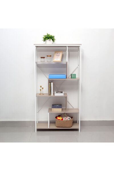 Danube Home Mineo Ash White Bookcase/Display Cabinet - 5 Shelves, Metal & Woo...