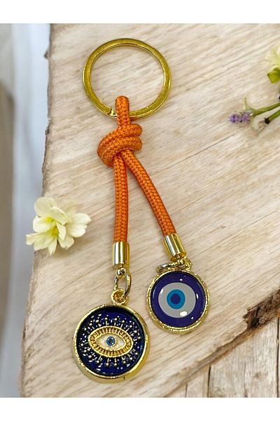 HEDİYE FİKRİ Double Evil Eye Beaded Keychain - Orange (10,5 cm) Gift