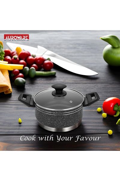 Auroware Non Stick 28cm Casserole with Glass Lid, Black, Pressed Aluminium, Dishwasher safe